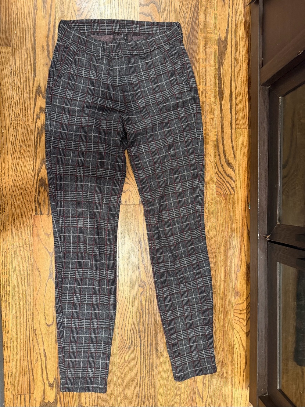 Women’s Plaid Dress Pants in Gray with Subtle Red Accent